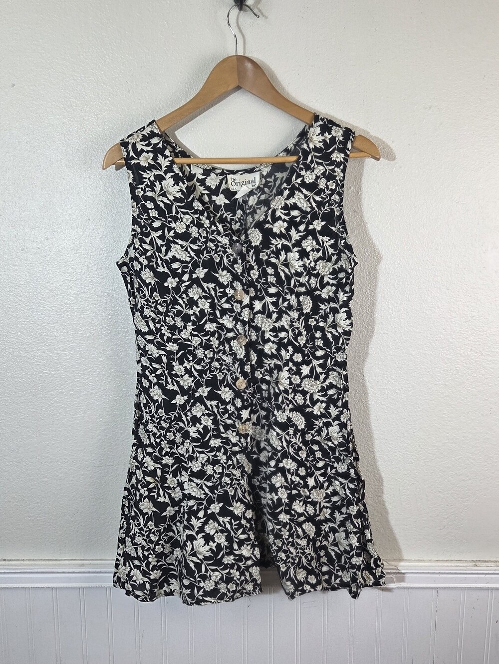 Vintage 80s/90s The Original Inc Floral Romper Small Black White Rayon Button